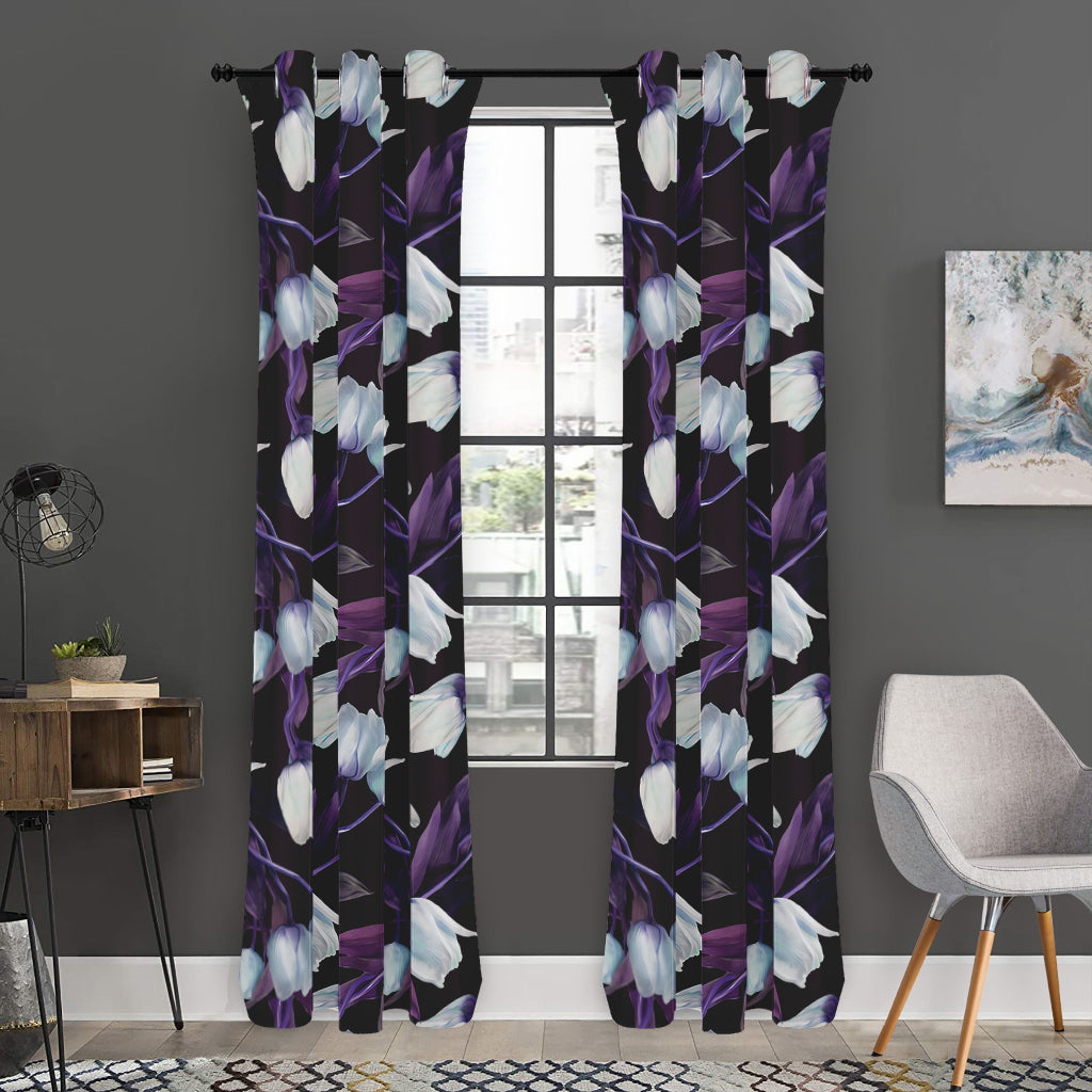 White And Purple Tulip Pattern Print Curtain