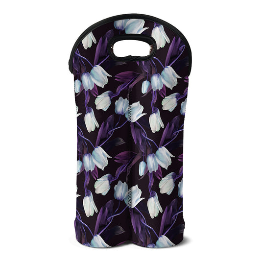 White And Purple Tulip Pattern Print Double Neoprene Wine Tote