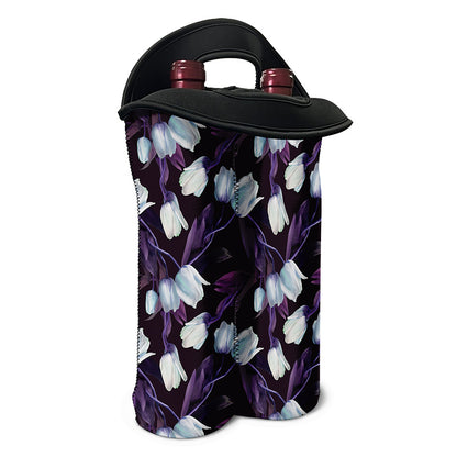 White And Purple Tulip Pattern Print Double Neoprene Wine Tote