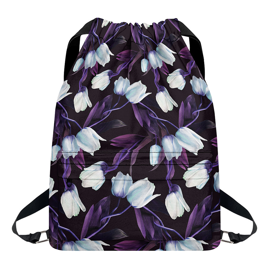 White And Purple Tulip Pattern Print Drawstring Backpack