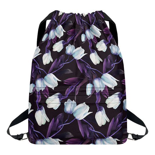 White And Purple Tulip Pattern Print Drawstring Backpack