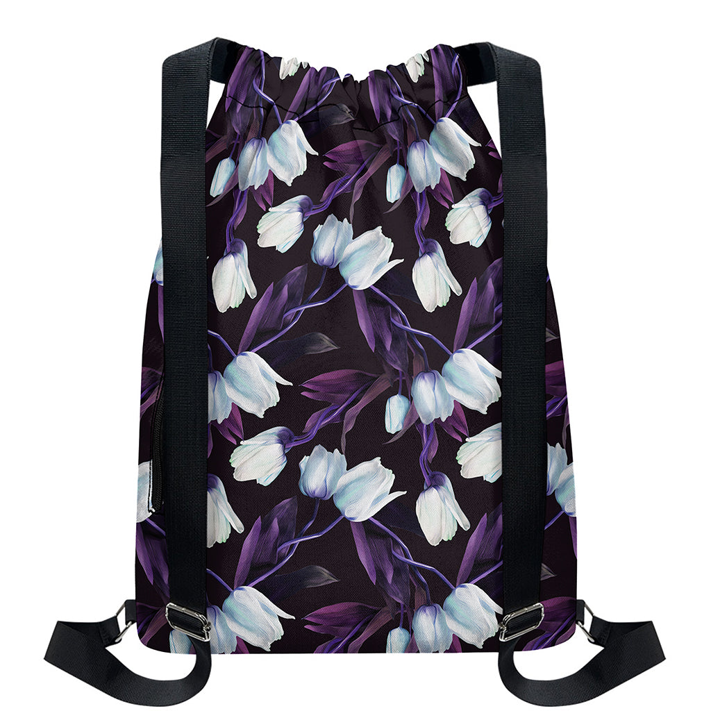 White And Purple Tulip Pattern Print Drawstring Backpack