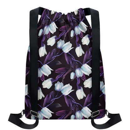 White And Purple Tulip Pattern Print Drawstring Backpack