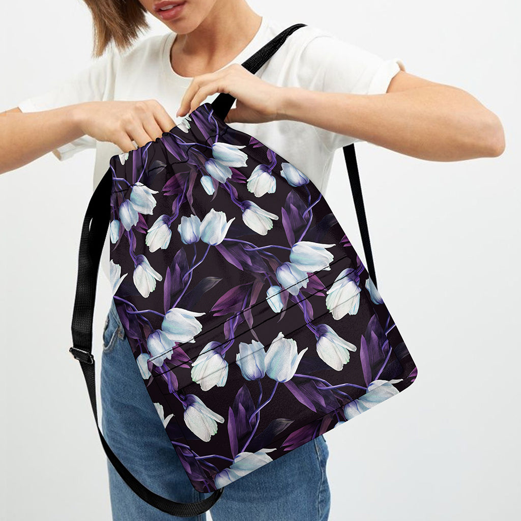 White And Purple Tulip Pattern Print Drawstring Backpack