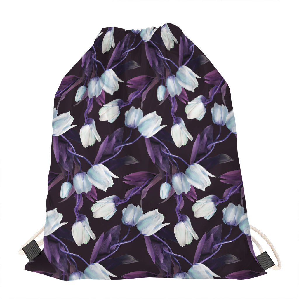 White And Purple Tulip Pattern Print Drawstring Bag
