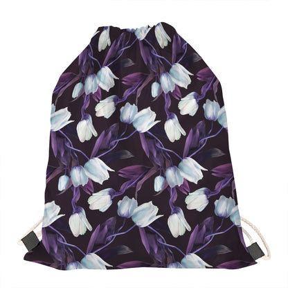 White And Purple Tulip Pattern Print Drawstring Bag