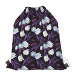 White And Purple Tulip Pattern Print Drawstring Bag