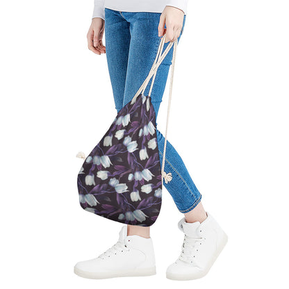White And Purple Tulip Pattern Print Drawstring Bag
