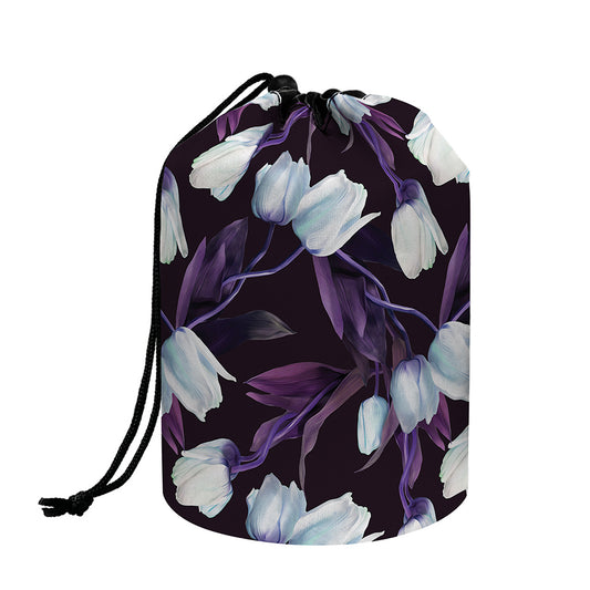 White And Purple Tulip Pattern Print Drawstring Makeup Bag