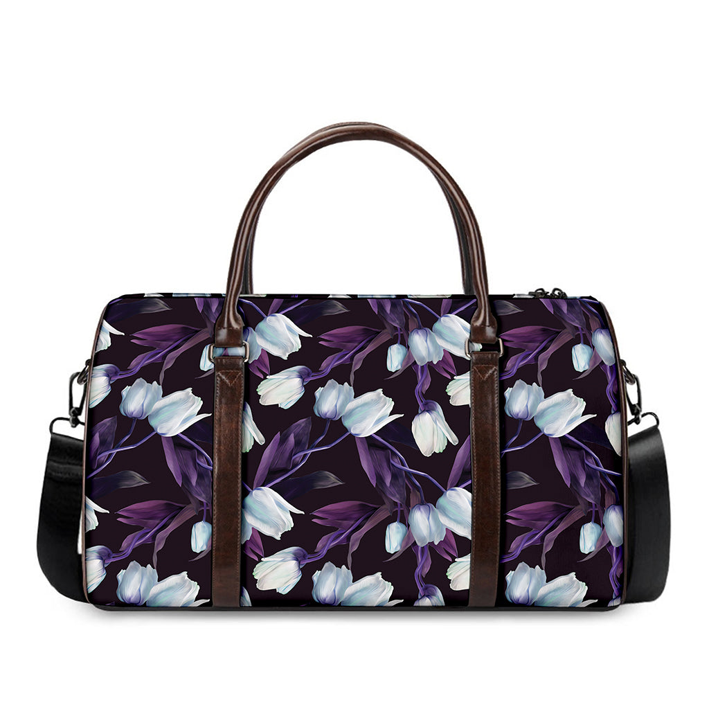 White And Purple Tulip Pattern Print Duffle Bag