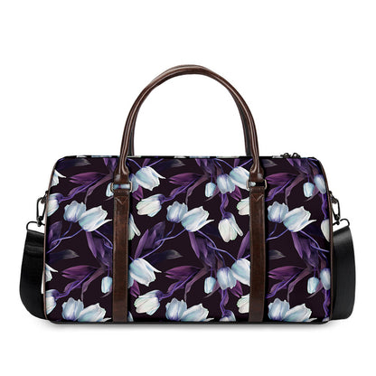 White And Purple Tulip Pattern Print Duffle Bag