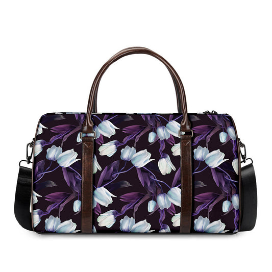 White And Purple Tulip Pattern Print Duffle Bag