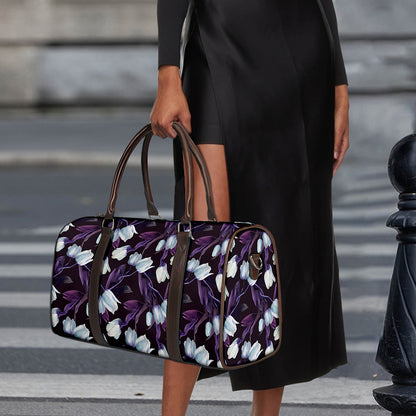 White And Purple Tulip Pattern Print Duffle Bag