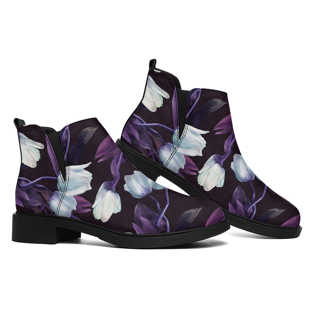White And Purple Tulip Pattern Print Flat Ankle Boots