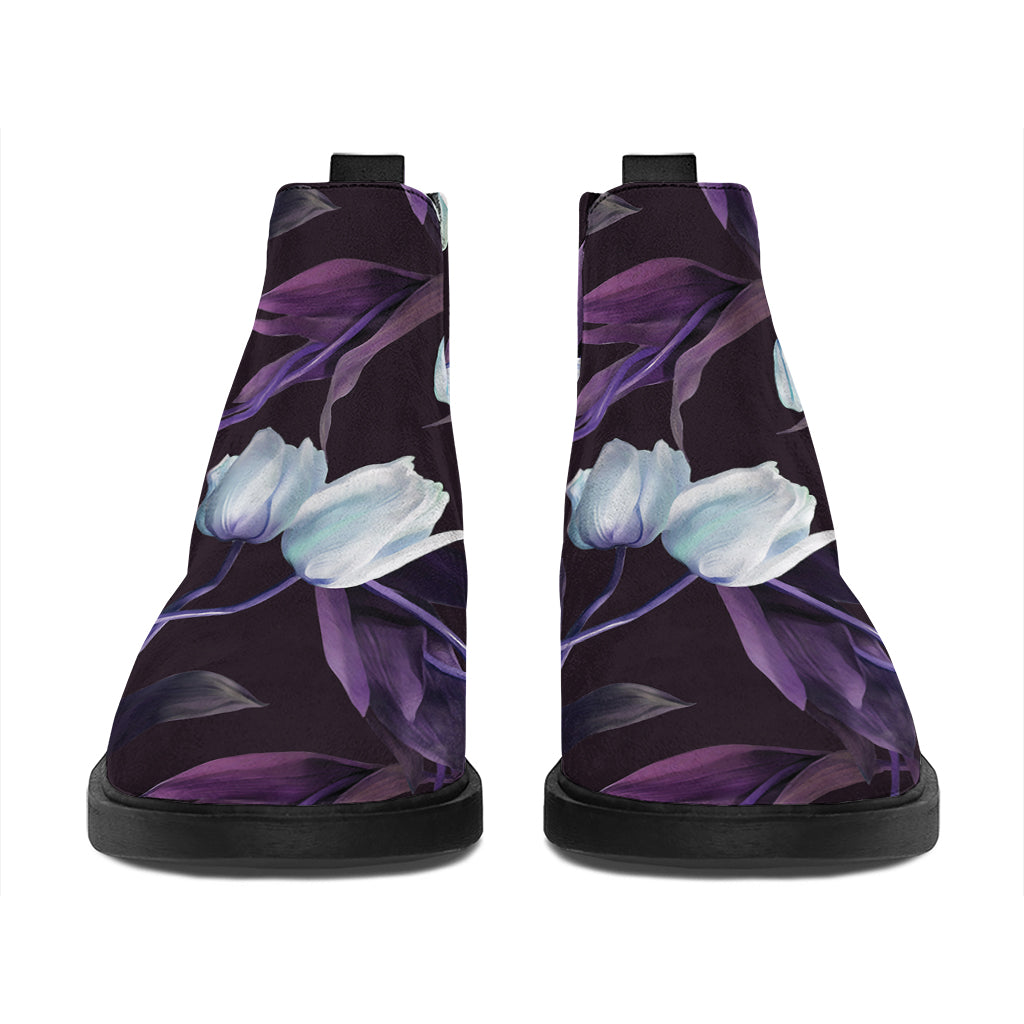 White And Purple Tulip Pattern Print Flat Ankle Boots