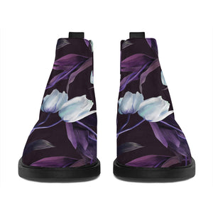 White And Purple Tulip Pattern Print Flat Ankle Boots