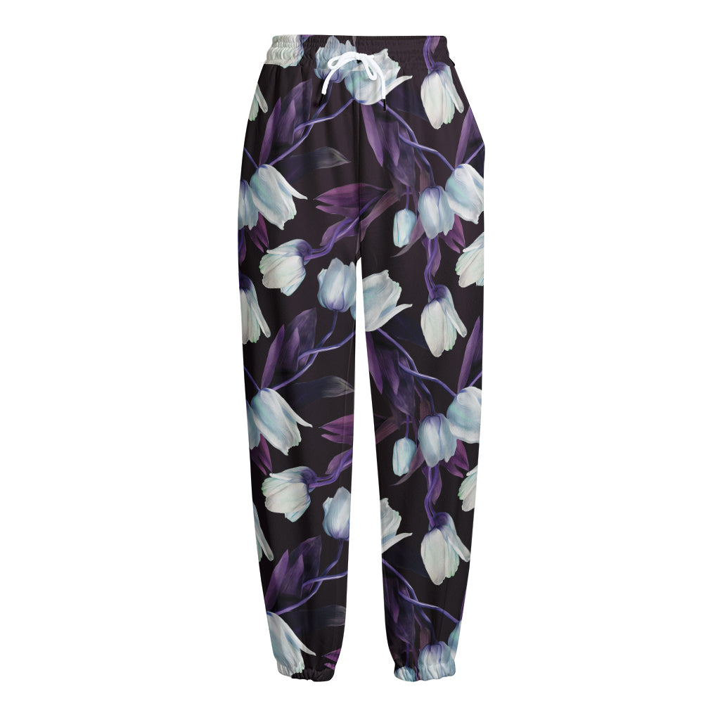 White And Purple Tulip Pattern Print Fleece Lined Knit Pants