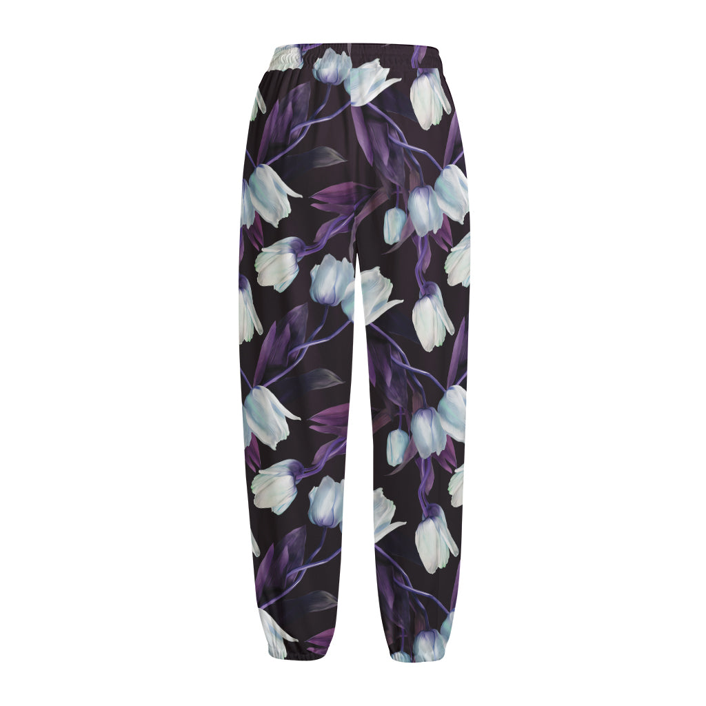 White And Purple Tulip Pattern Print Fleece Lined Knit Pants