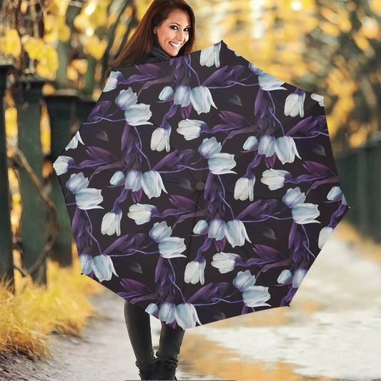 White And Purple Tulip Pattern Print Foldable Umbrella