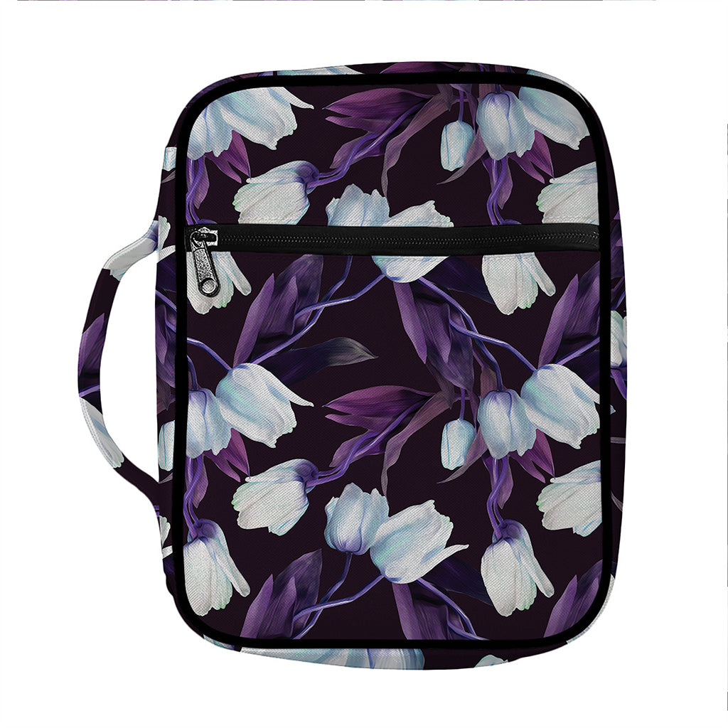 White And Purple Tulip Pattern Print Front Pocket Bible Bag