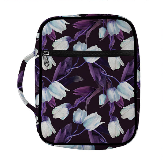 White And Purple Tulip Pattern Print Front Pocket Bible Bag