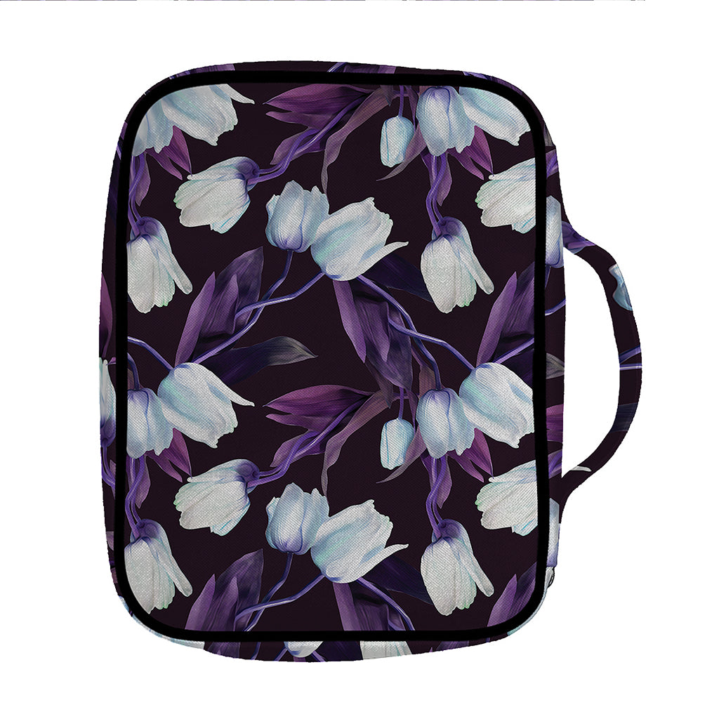 White And Purple Tulip Pattern Print Front Pocket Bible Bag