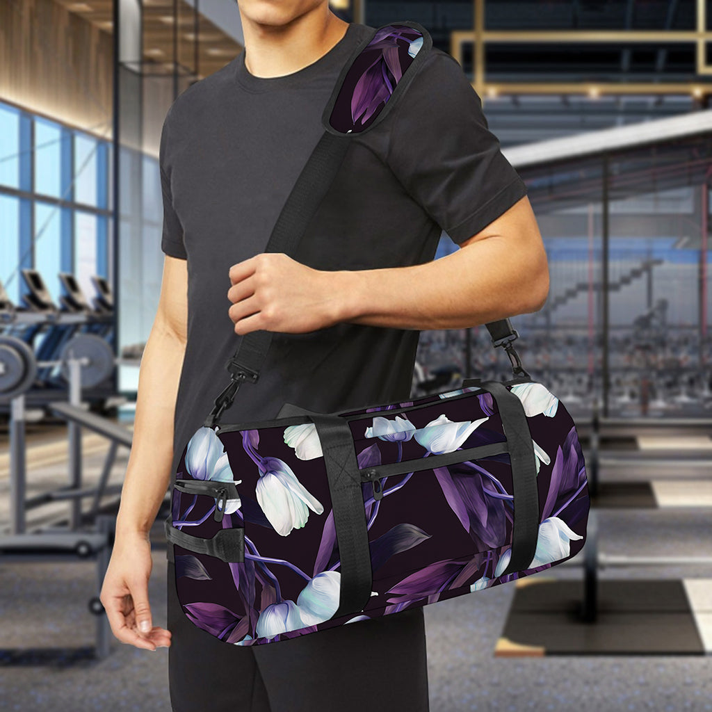White And Purple Tulip Pattern Print Gym Bag