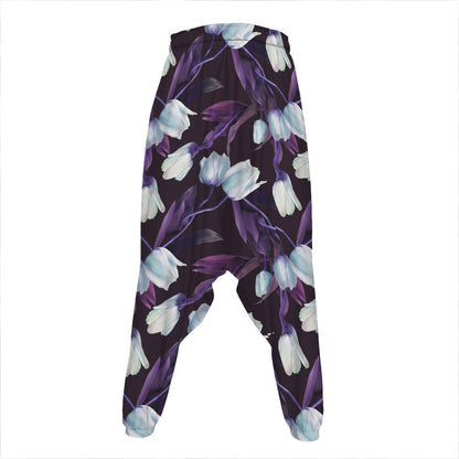 White And Purple Tulip Pattern Print Hammer Pants