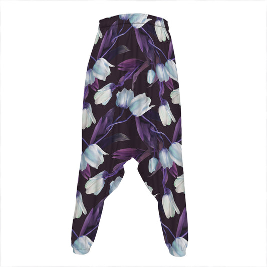 White And Purple Tulip Pattern Print Hammer Pants