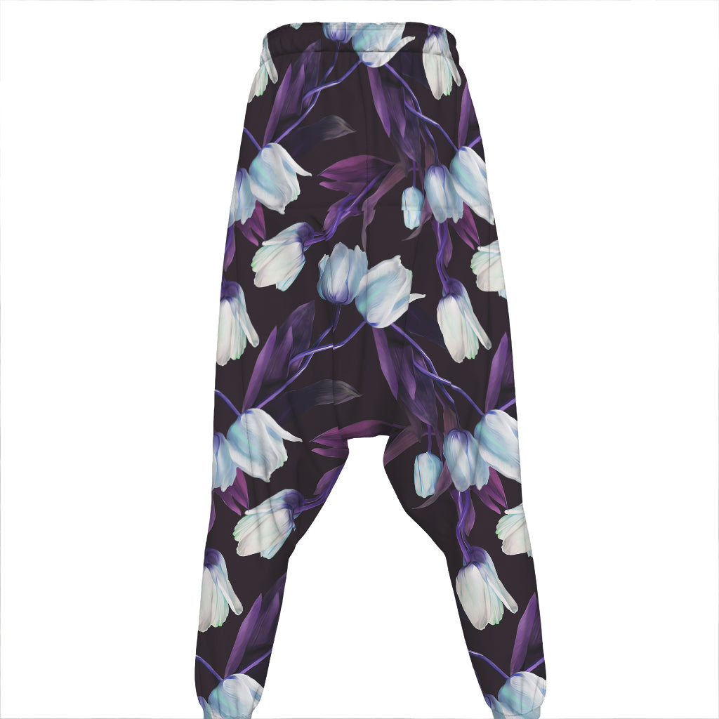 White And Purple Tulip Pattern Print Hammer Pants