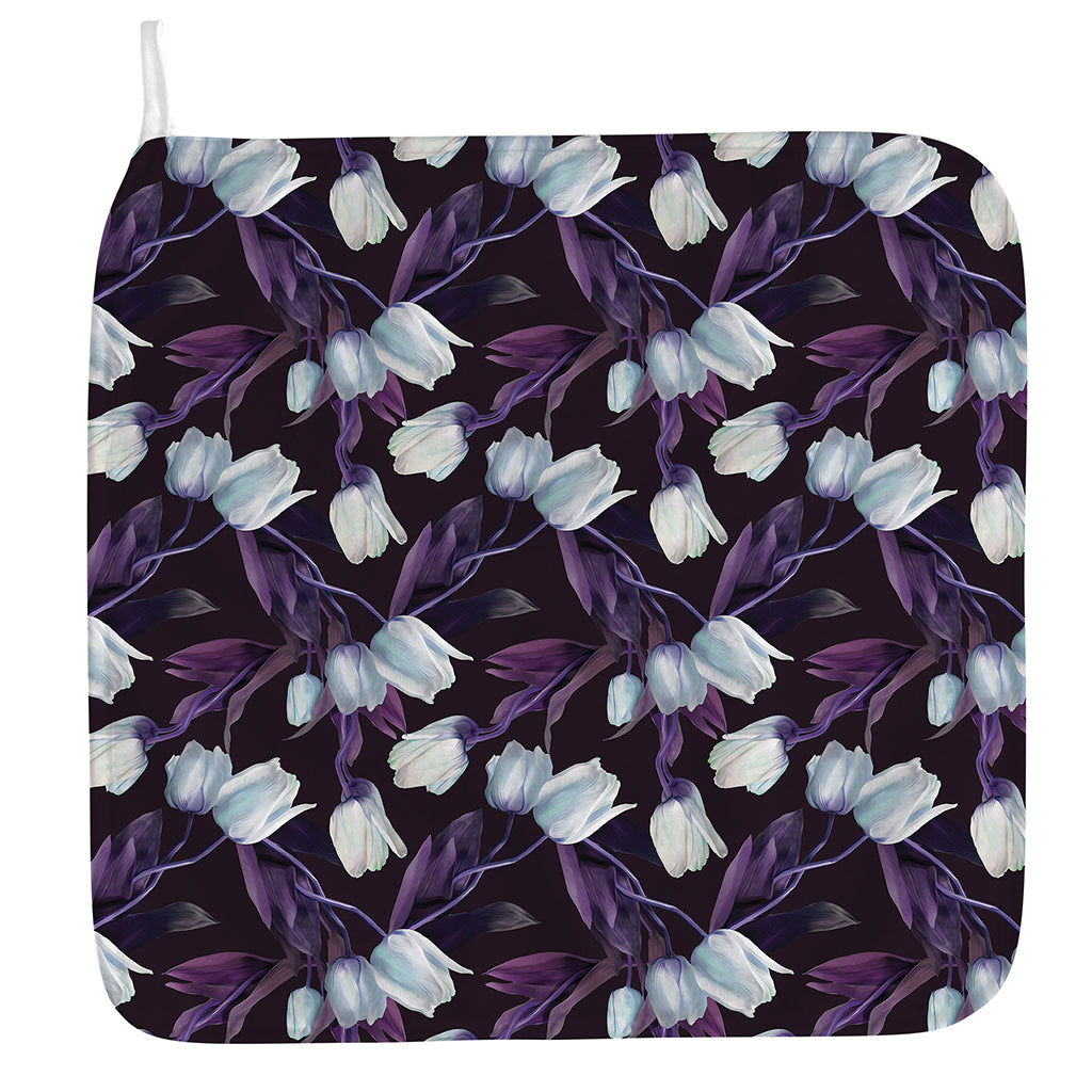 White And Purple Tulip Pattern Print Hand Towel