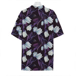 White And Purple Tulip Pattern Print Hawaiian Shirt