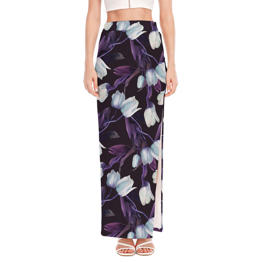 White And Purple Tulip Pattern Print High Slit Maxi Skirt