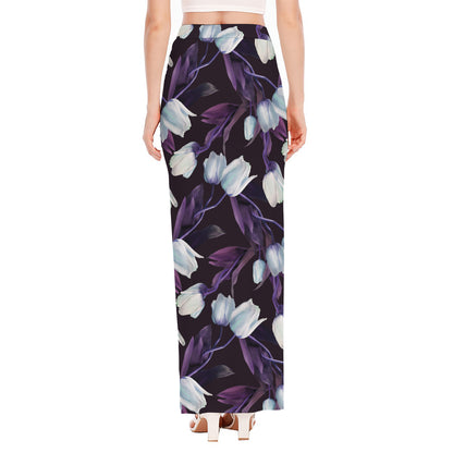 White And Purple Tulip Pattern Print High Slit Maxi Skirt