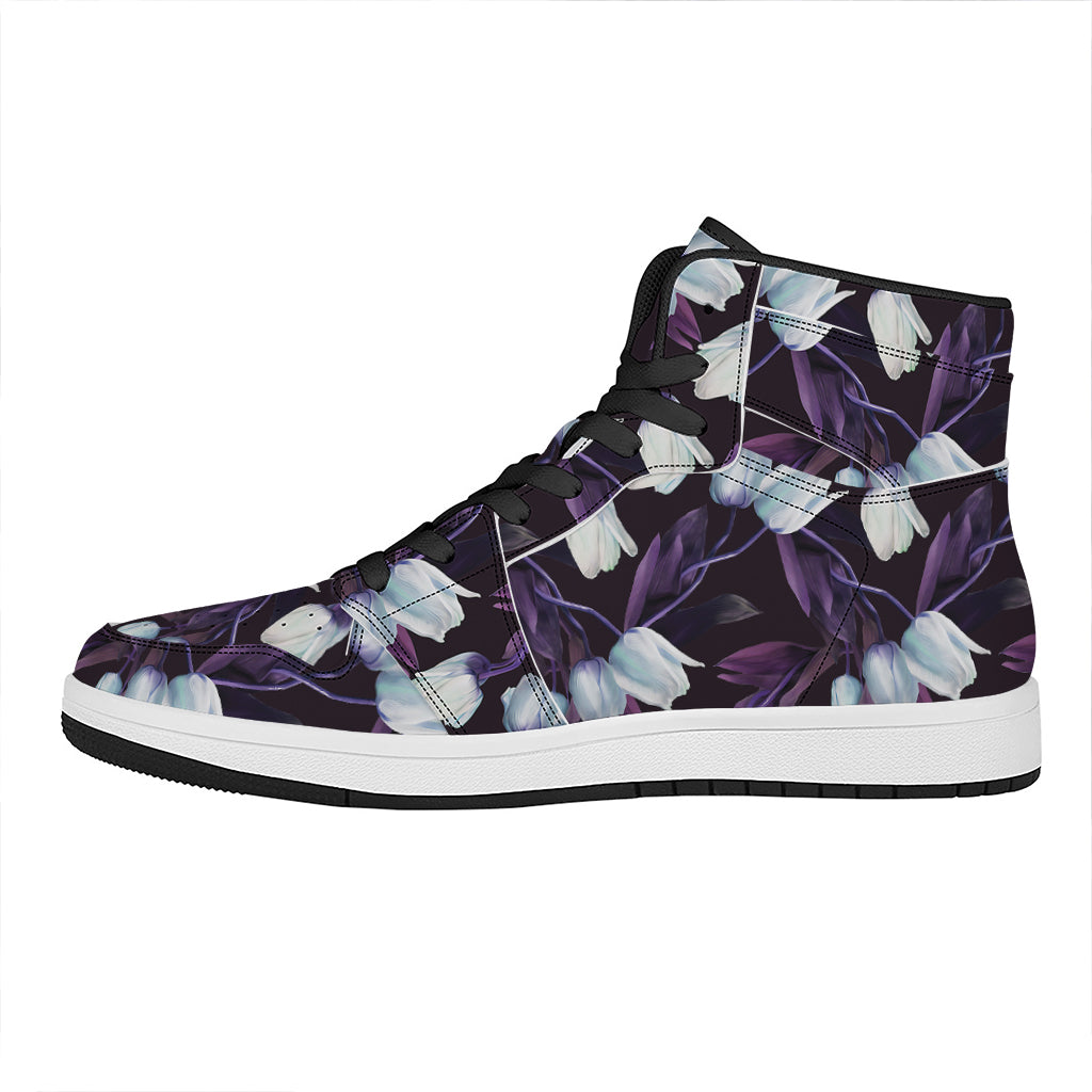 White And Purple Tulip Pattern Print High Top Leather Sneakers