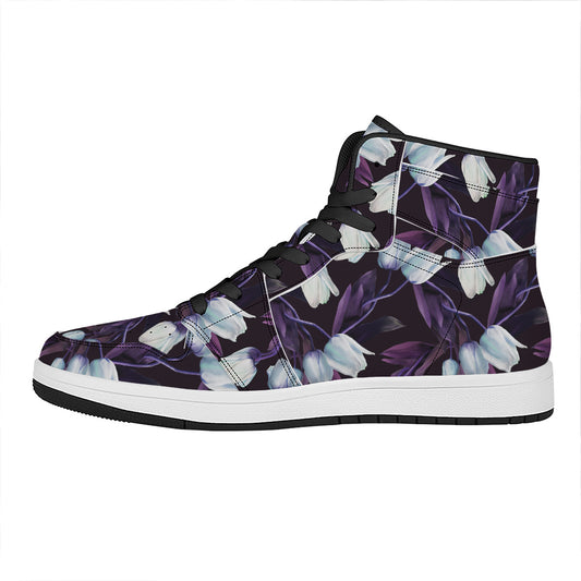 White And Purple Tulip Pattern Print High Top Leather Sneakers