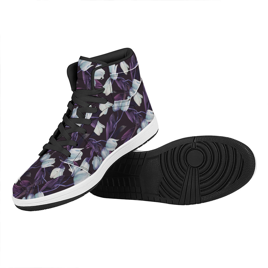 White And Purple Tulip Pattern Print High Top Leather Sneakers