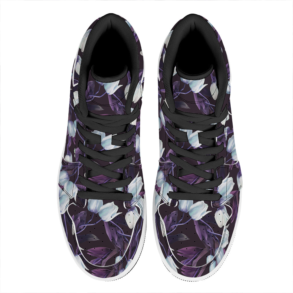 White And Purple Tulip Pattern Print High Top Leather Sneakers
