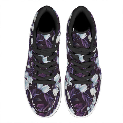 White And Purple Tulip Pattern Print High Top Leather Sneakers
