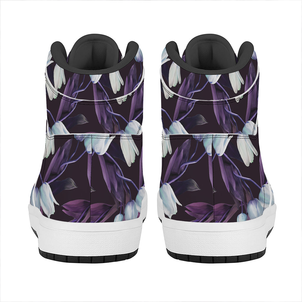 White And Purple Tulip Pattern Print High Top Leather Sneakers