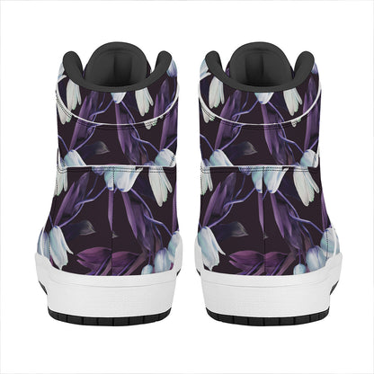 White And Purple Tulip Pattern Print High Top Leather Sneakers