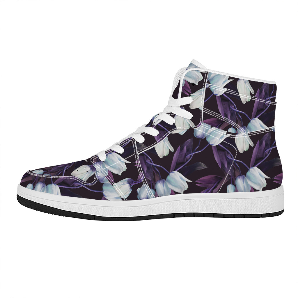 White And Purple Tulip Pattern Print High Top Leather Sneakers