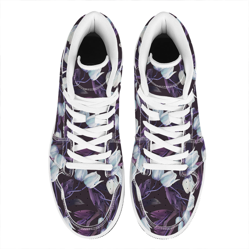 White And Purple Tulip Pattern Print High Top Leather Sneakers