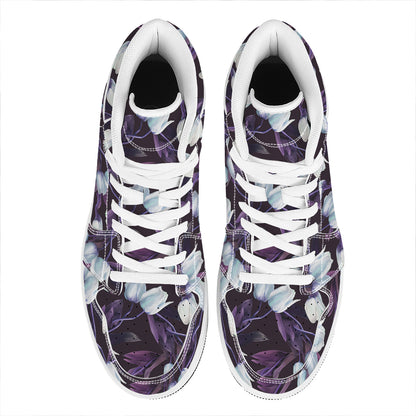 White And Purple Tulip Pattern Print High Top Leather Sneakers
