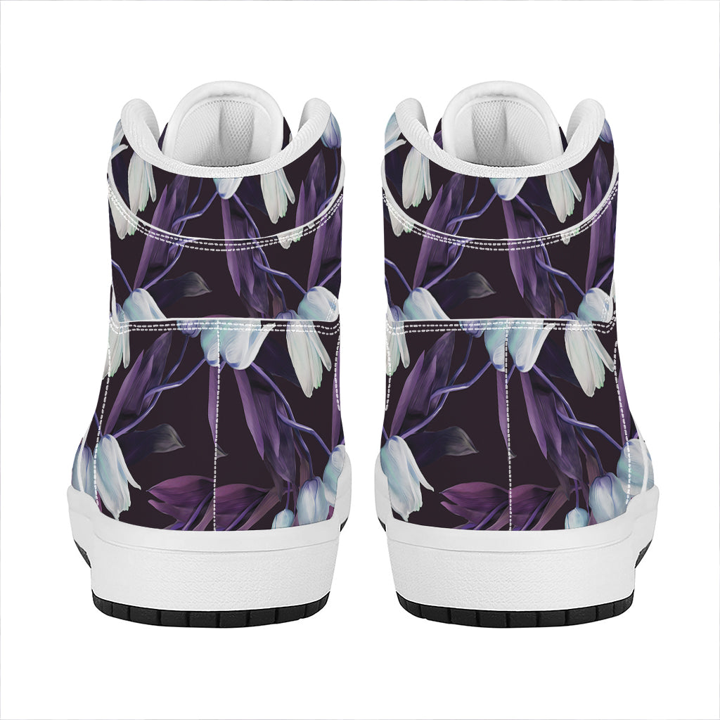White And Purple Tulip Pattern Print High Top Leather Sneakers