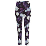 White And Purple Tulip Pattern Print High-Waisted Pocket Leggings