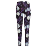 White And Purple Tulip Pattern Print High-Waisted Pocket Leggings