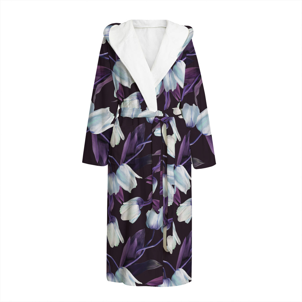 White And Purple Tulip Pattern Print Hooded Bathrobe