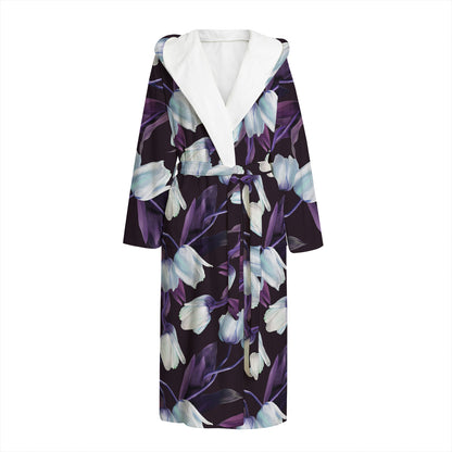 White And Purple Tulip Pattern Print Hooded Bathrobe