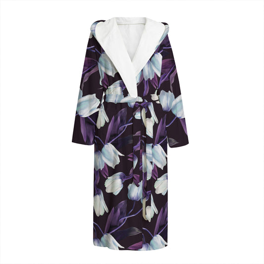 White And Purple Tulip Pattern Print Hooded Bathrobe